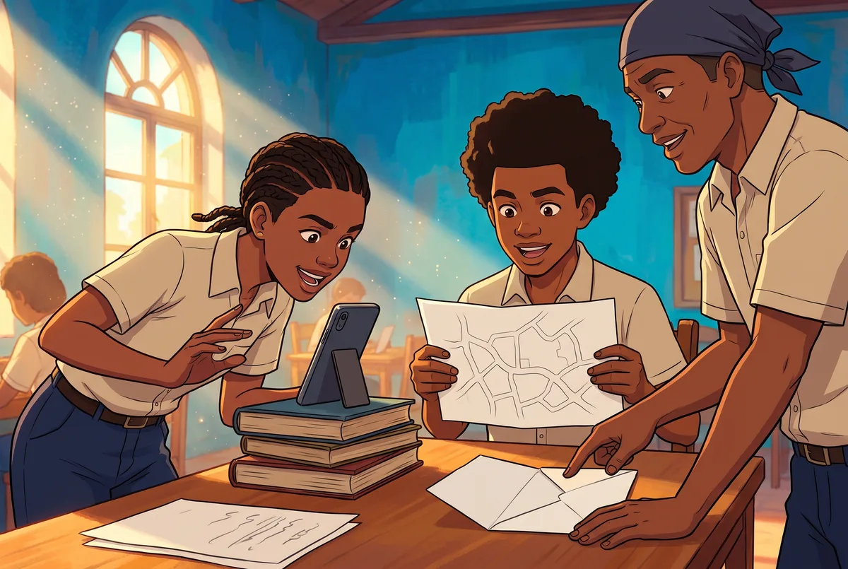 The scene in Anime style: three participants planning a video about their neighbourhood