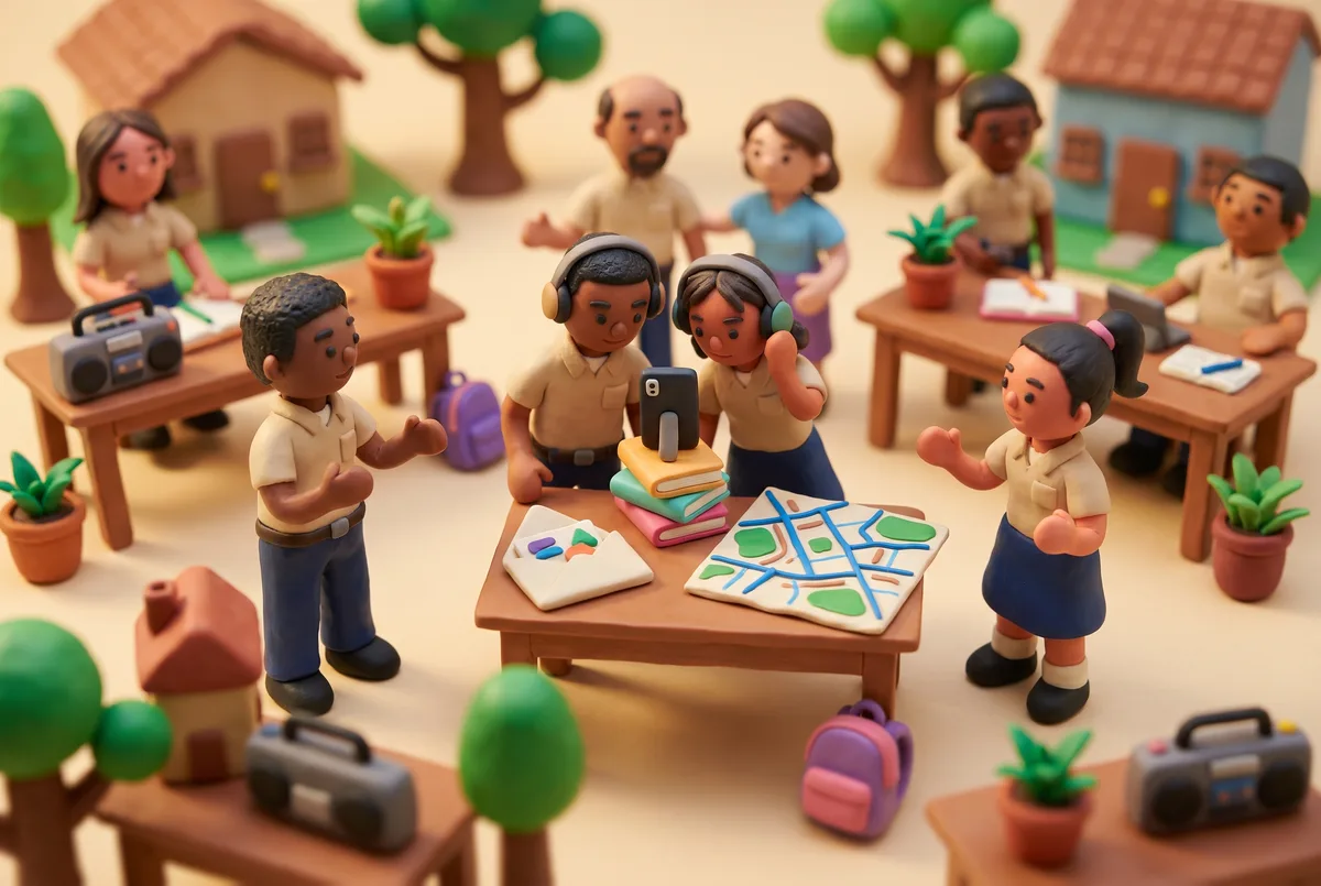 The scene in Clay style: three participants planning a video about their neighbourhood