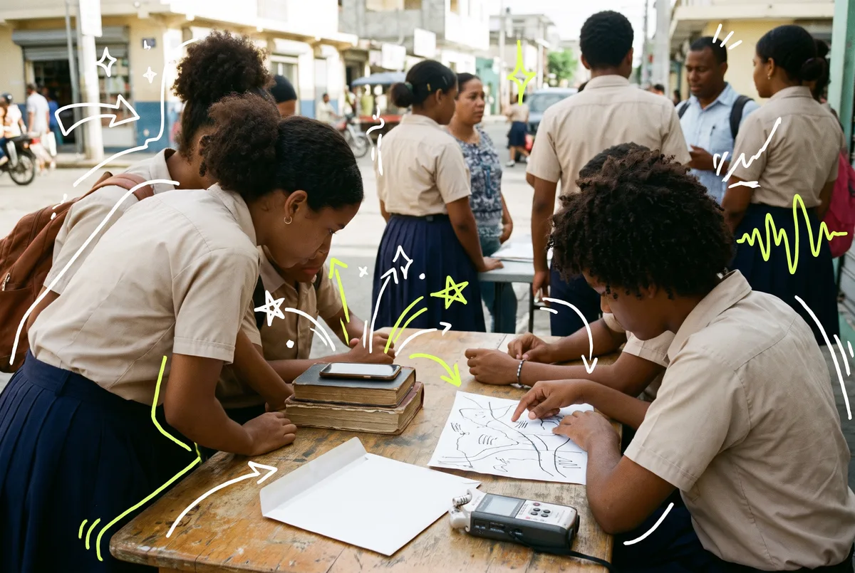 The scene in Doodled photo style: three participants planning a video about their neighbourhood
