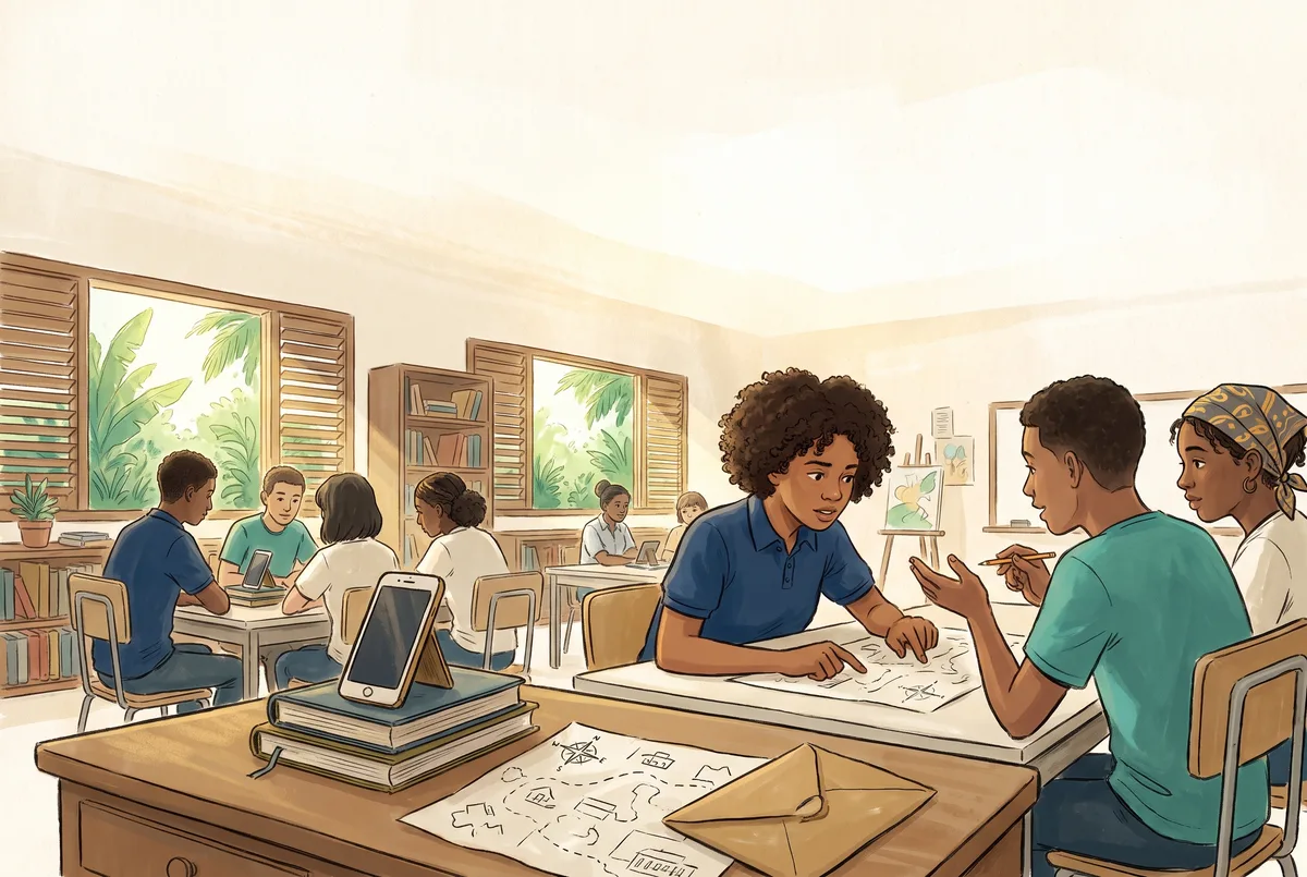 The scene in Illustration style: three participants planning a video about their neighbourhood