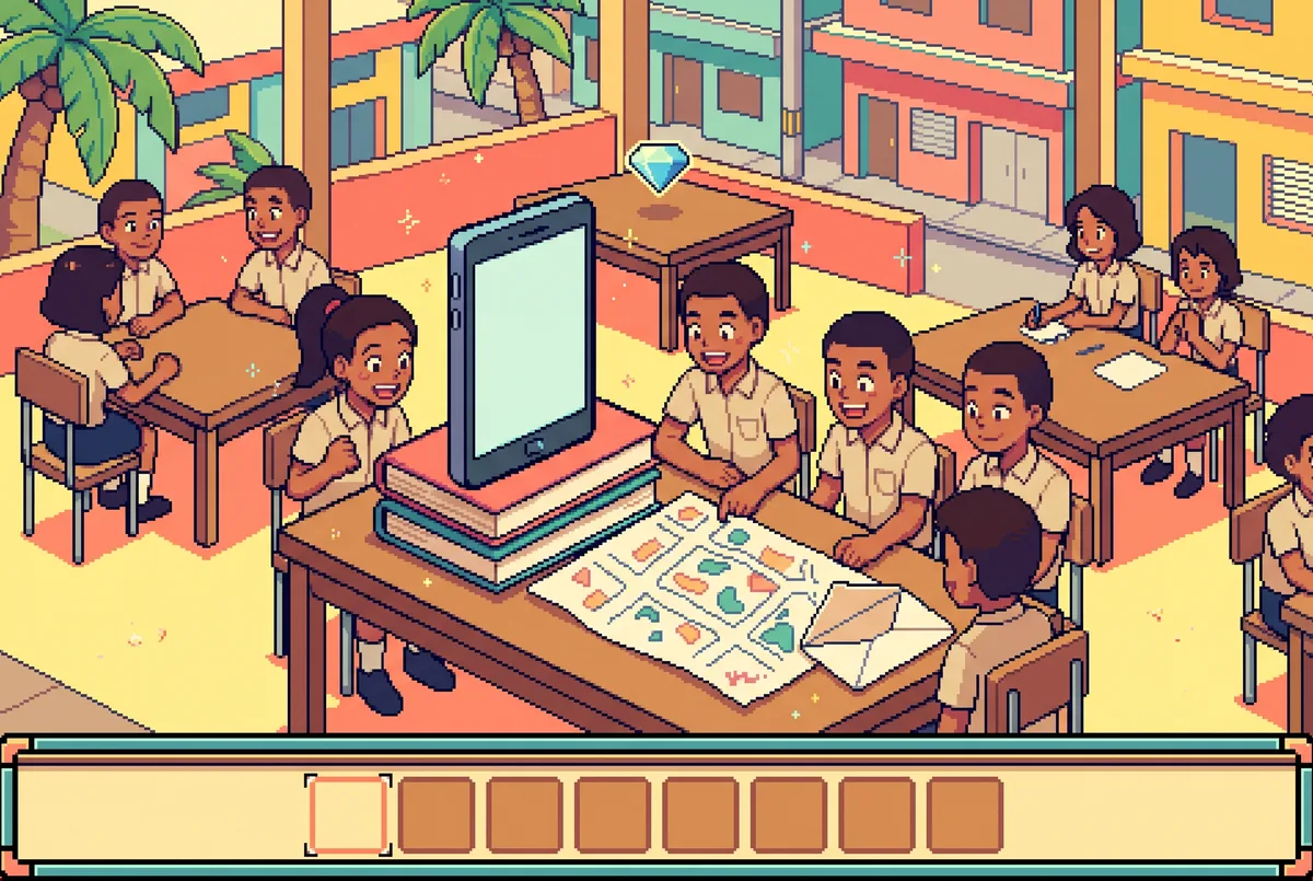 The scene in Pixel style: three participants planning a video about their neighbourhood