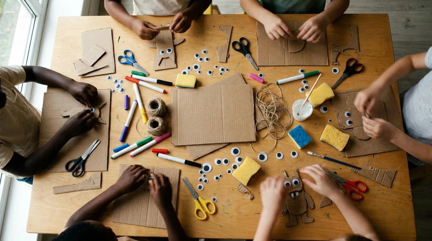A worktable seen from directly above, covered in cardboard, scissors, markers, string and sponges, with dozens of googly eyes scattered across it and children’s hands of several skin tones reaching in from the edges.