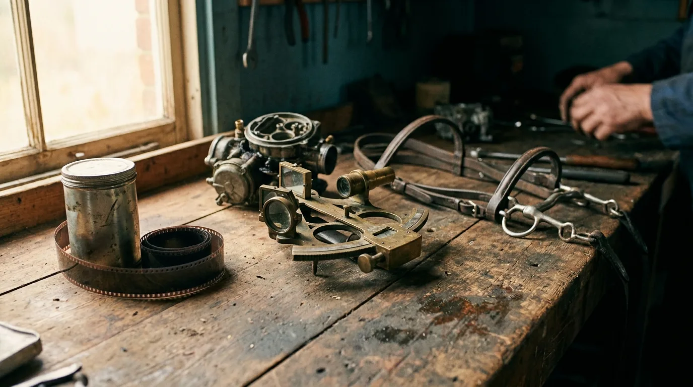 A worn workbench holding a roll of film, a brass sextant, a disassembled carburettor and a leather bridle, in warm window light.