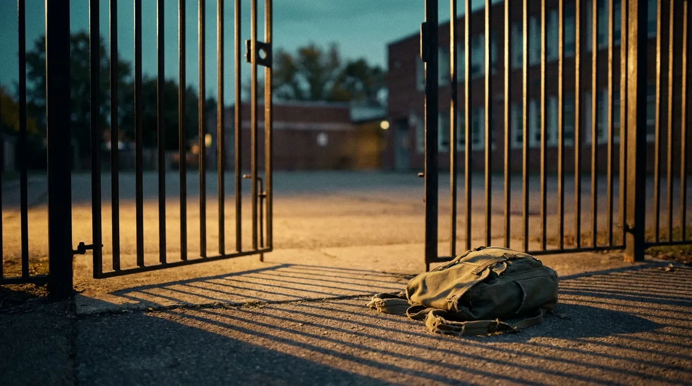 An open school gate in late-afternoon light, with a schoolbag set down on the pavement just outside it.