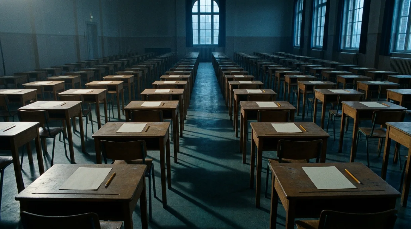 An empty examination hall seen from the back: rows of identical desks, each carrying a blank answer sheet and a single pencil, in cold early-morning light.