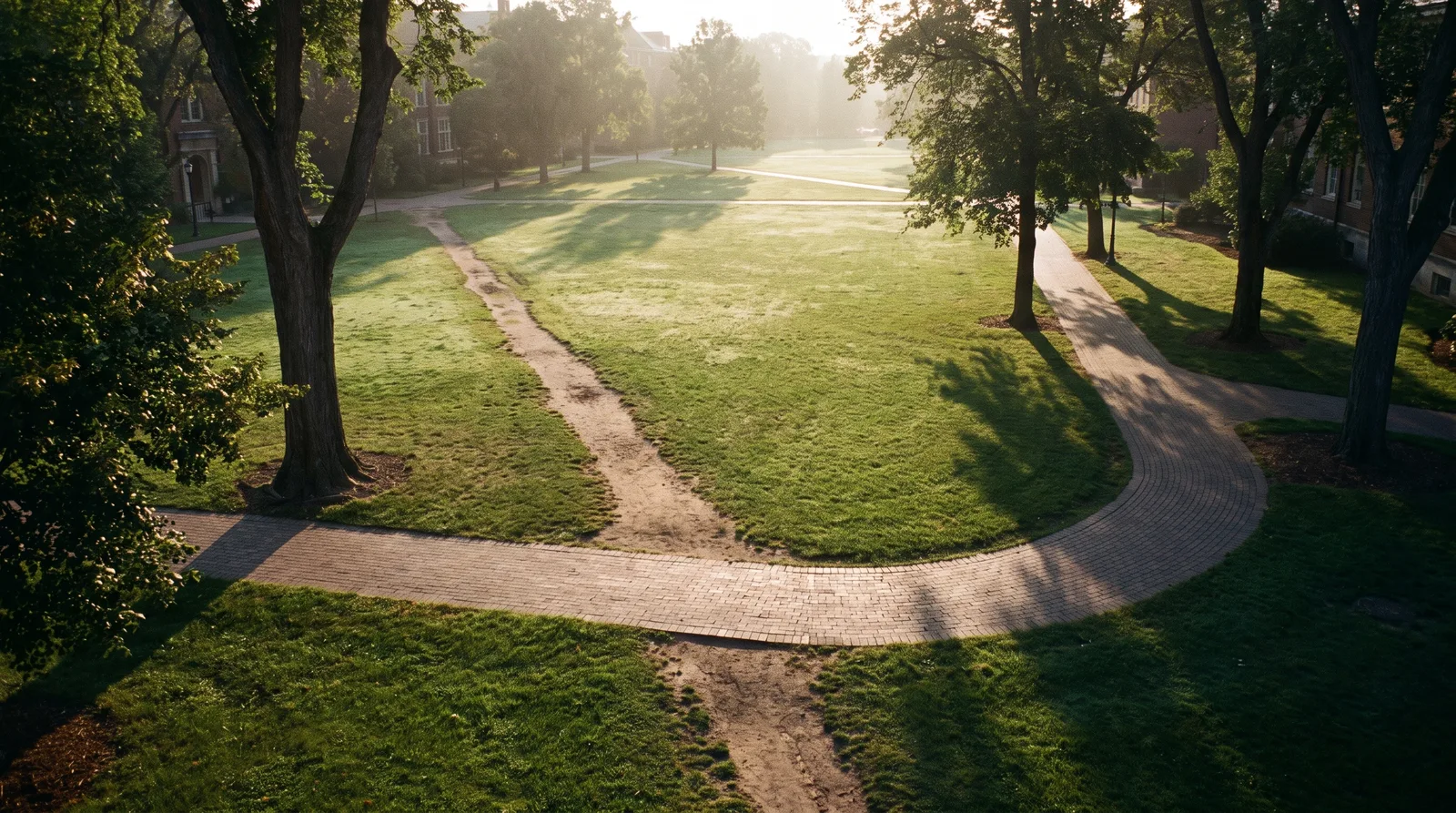 A campus lawn where a paved path bends around the grass while a bare, trodden dirt shortcut cuts straight across it.