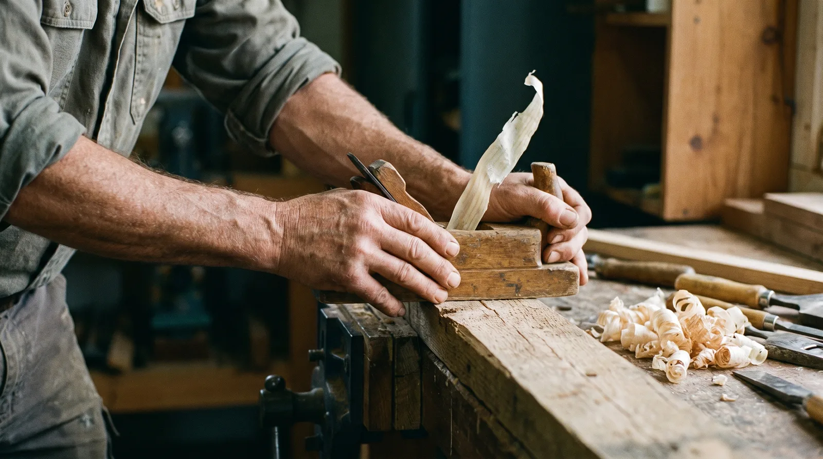 Two hands pushing an old wooden hand plane along a rough board, a long curl of shaving rising from the blade and a heap of shavings on the bench.