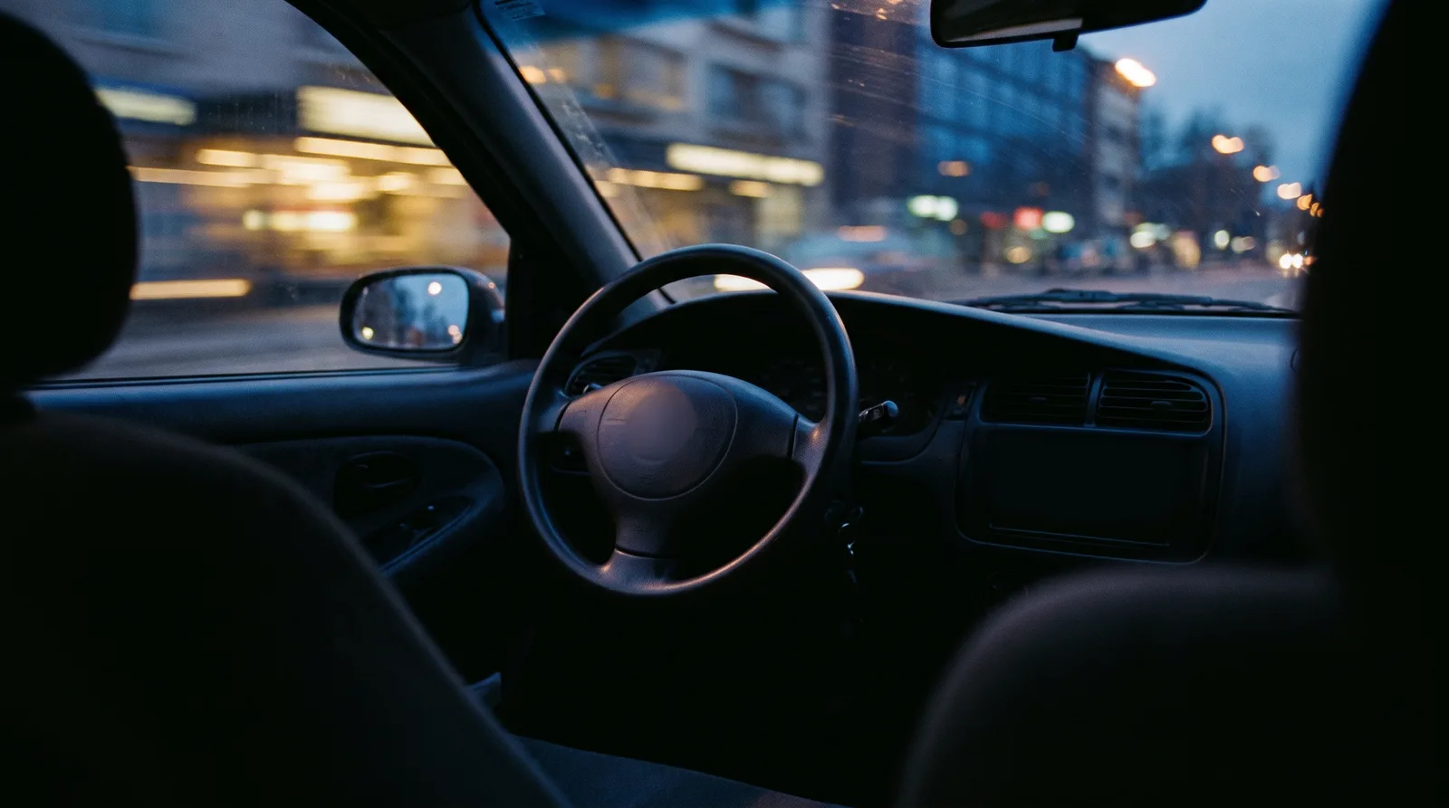 The inside of a car at dusk seen from the back seat: the driver’s seat is empty, nobody’s hands are on the wheel, and city lights blur past the windows.