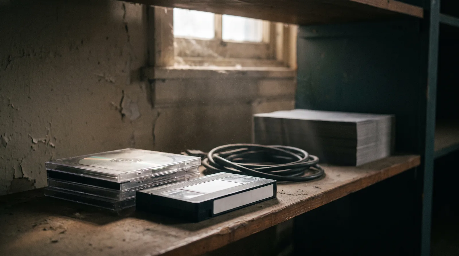 A dusty storeroom shelf holding a stack of blank CDs in jewel cases, a video cassette with a blank label, a coiled cable and a ream of photocopies.