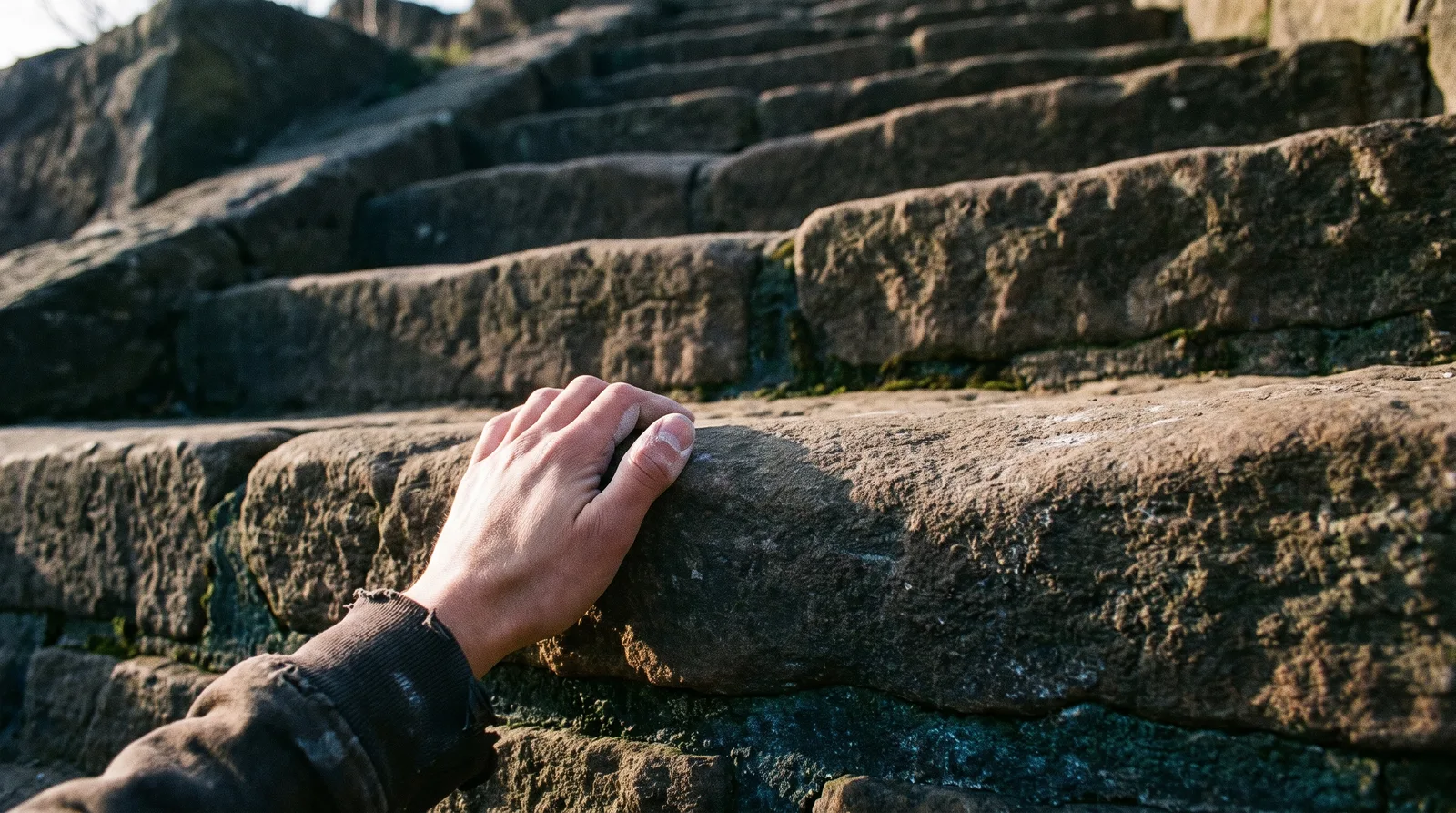 A hand gripping the edge of the next step up a steep flight of rough stone stairs.