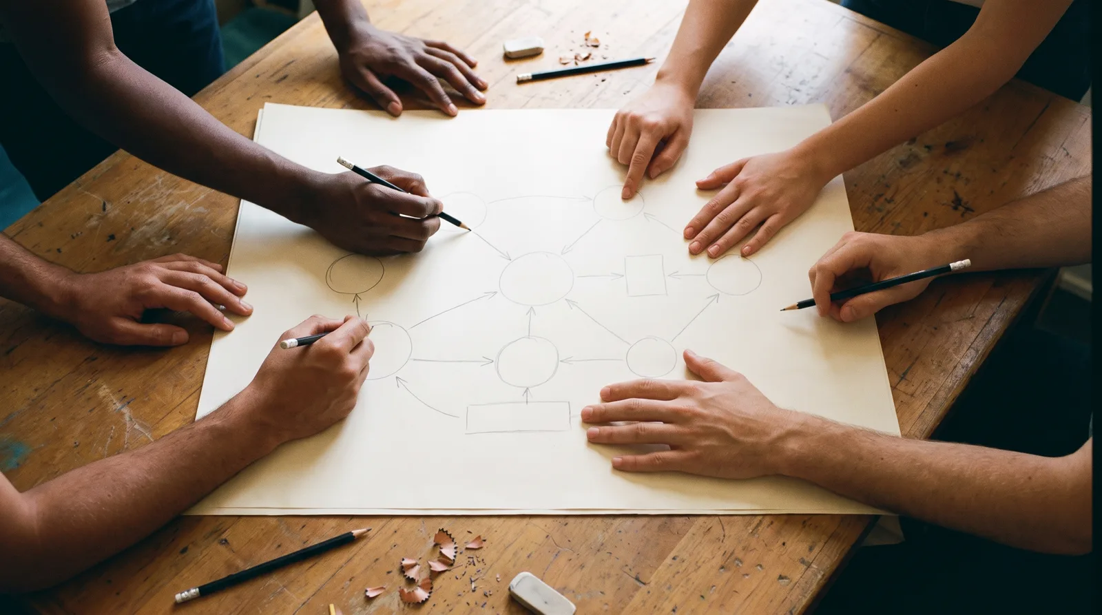 Seen from above, the hands of several people of different skin tones around a large sheet of paper, drawing a shared diagram of circles, boxes and arrows in pencil.