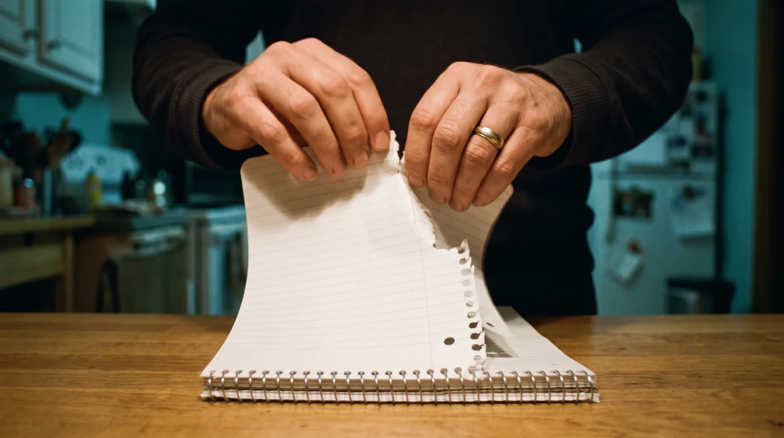 Two hands tearing a blank lined page out of a spiral notebook on a kitchen table, mid-rip.