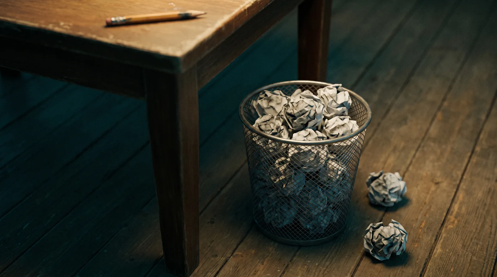 A wire wastepaper basket overflowing with crumpled paper beside a desk, two more balls on the floor and a pencil on the desk above.