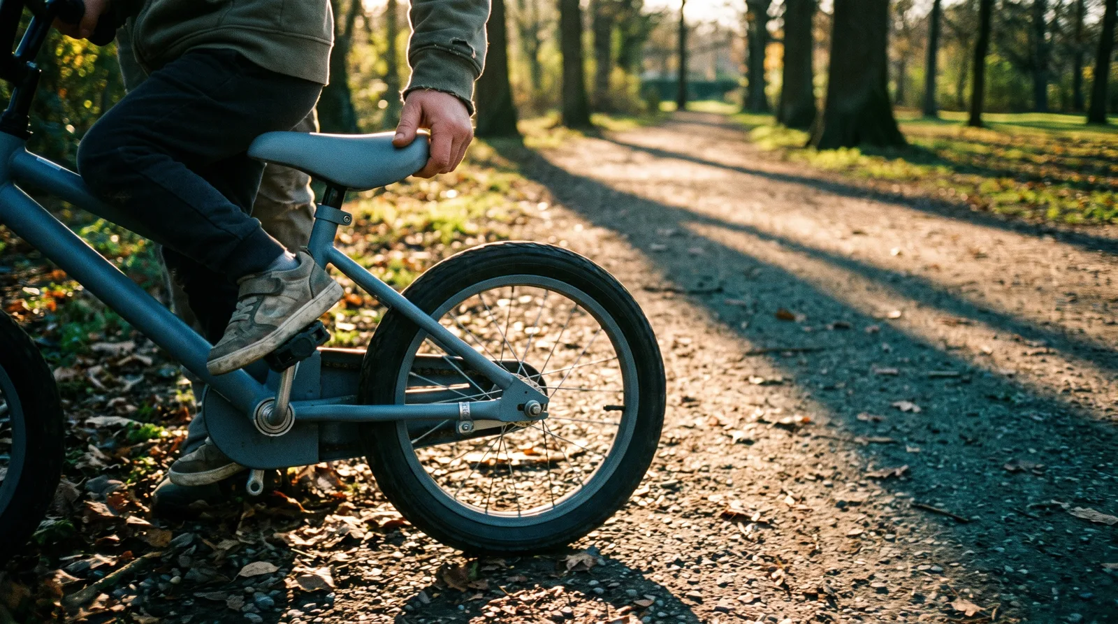 An adult’s hand holding the saddle of a child’s bicycle on a park path, steadying it as the child pedals.