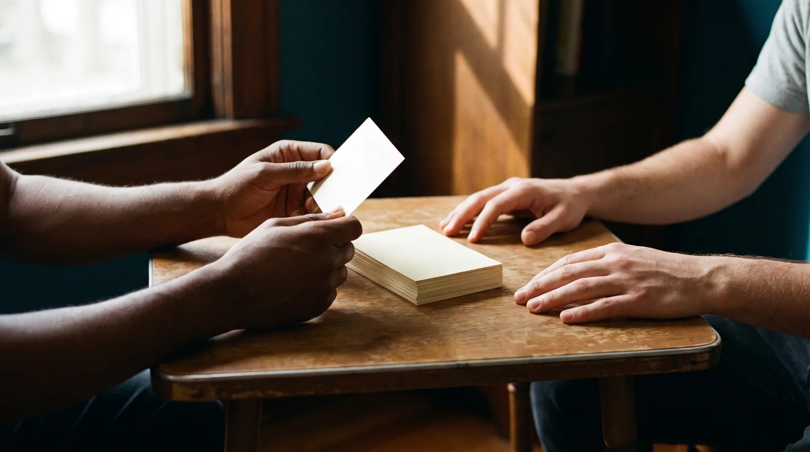Two people’s hands across a small table: one holds up a blank card from a stack while the other waits, thinking.