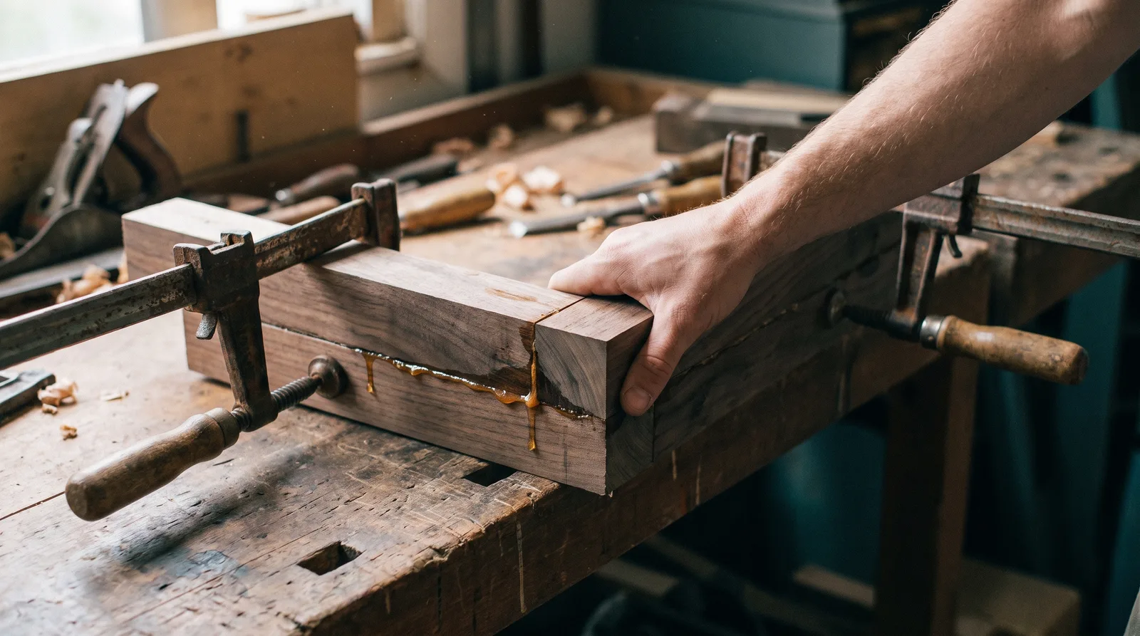 Two old bar clamps holding a freshly glued wooden joint on a workbench while a hand steadies the piece.