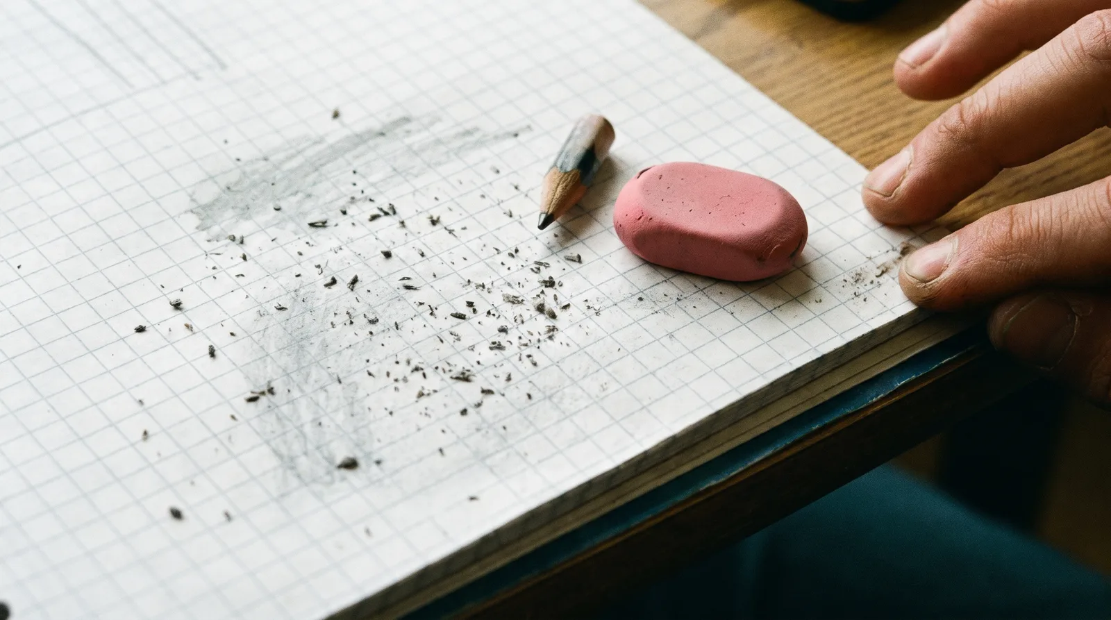 Squared paper covered in eraser crumbs and grey smudges where work was rubbed out and redone, with a worn eraser, a short pencil and a hand at the edge.