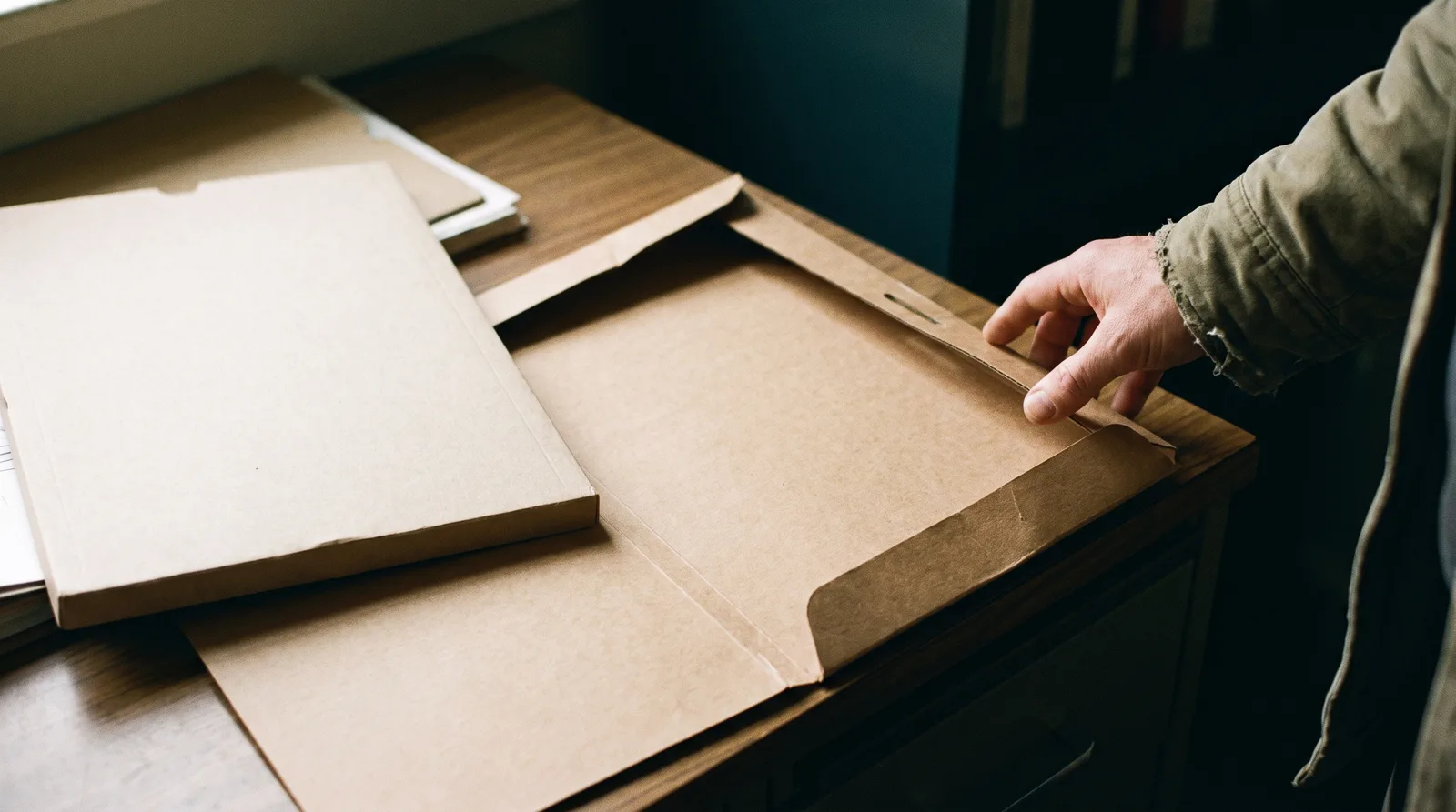 Two plain cardboard folders on a desk, one closed and set aside, the other open and empty, with a hand reaching toward it.