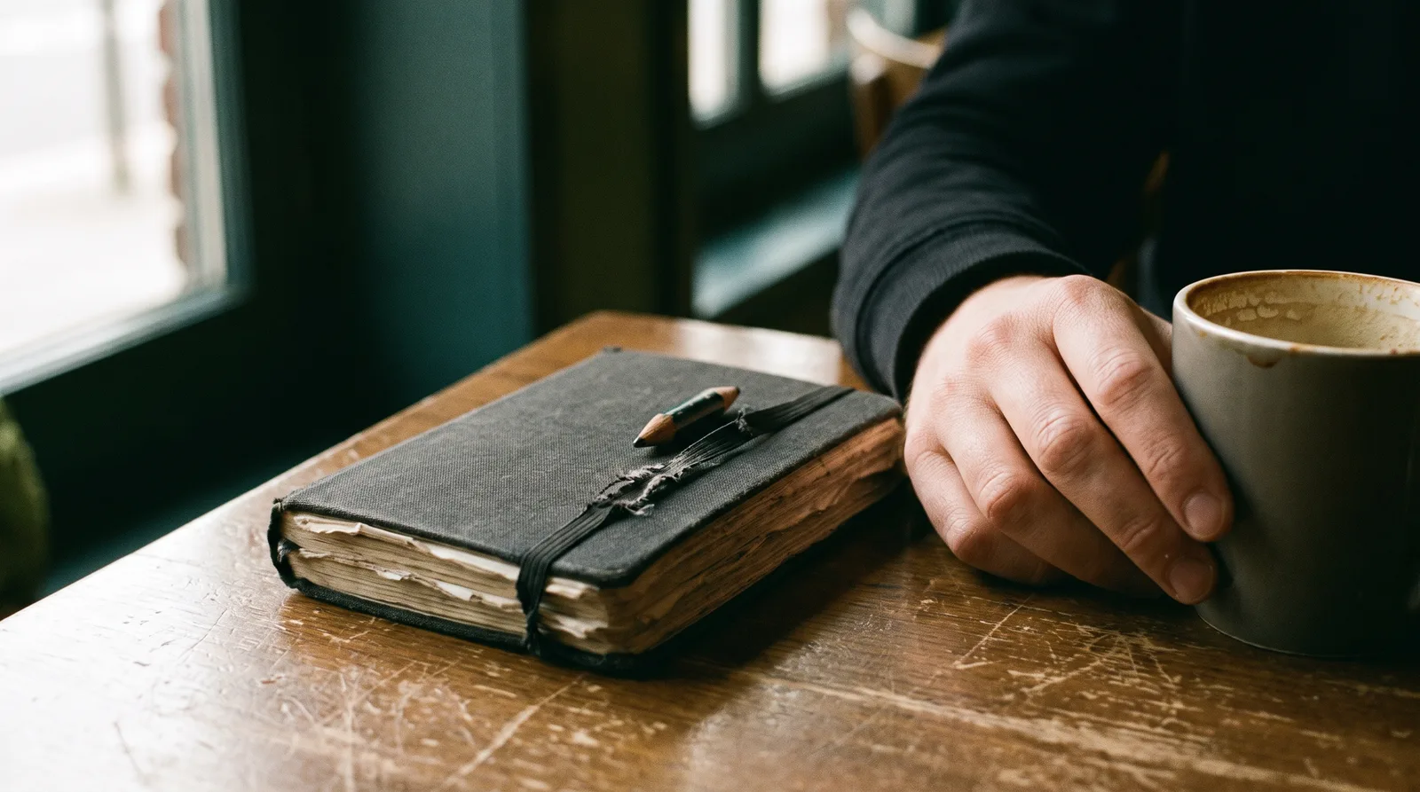 A battered pocket notebook held shut by an elastic band, a pencil stub tucked under it, on a café table beside a hand holding a cup.