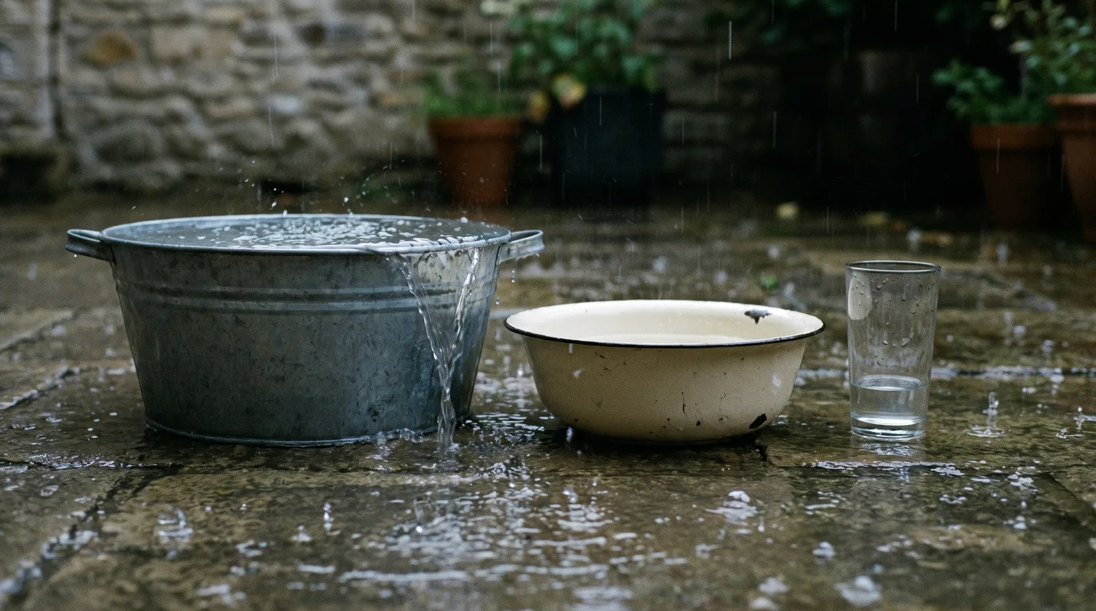Rain falling into three containers side by side: a wide zinc tub already overflowing, an enamel bowl and a narrow glass holding very little.