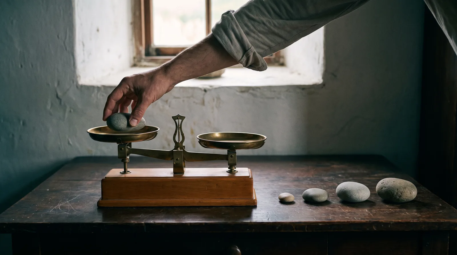 A hand placing a river stone on one pan of an old balance scale, with four more stones lined up from smallest to largest.