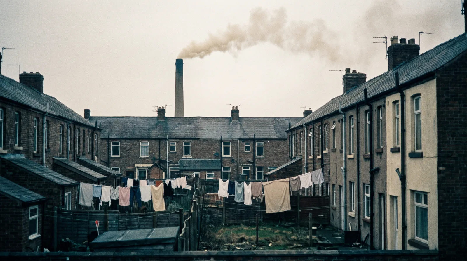 A row of terraced houses with laundry on the lines in their back yards, and a factory chimney beyond the rooftops sending smoke over the washing.
