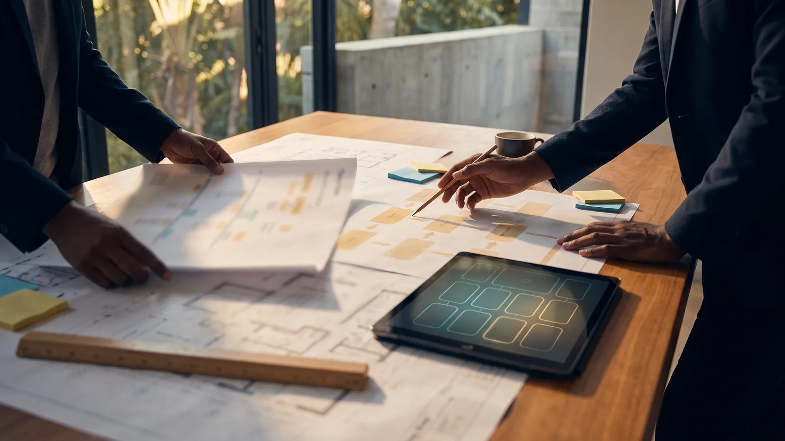 Two people planning a programme structure over printed sheets and a tablet