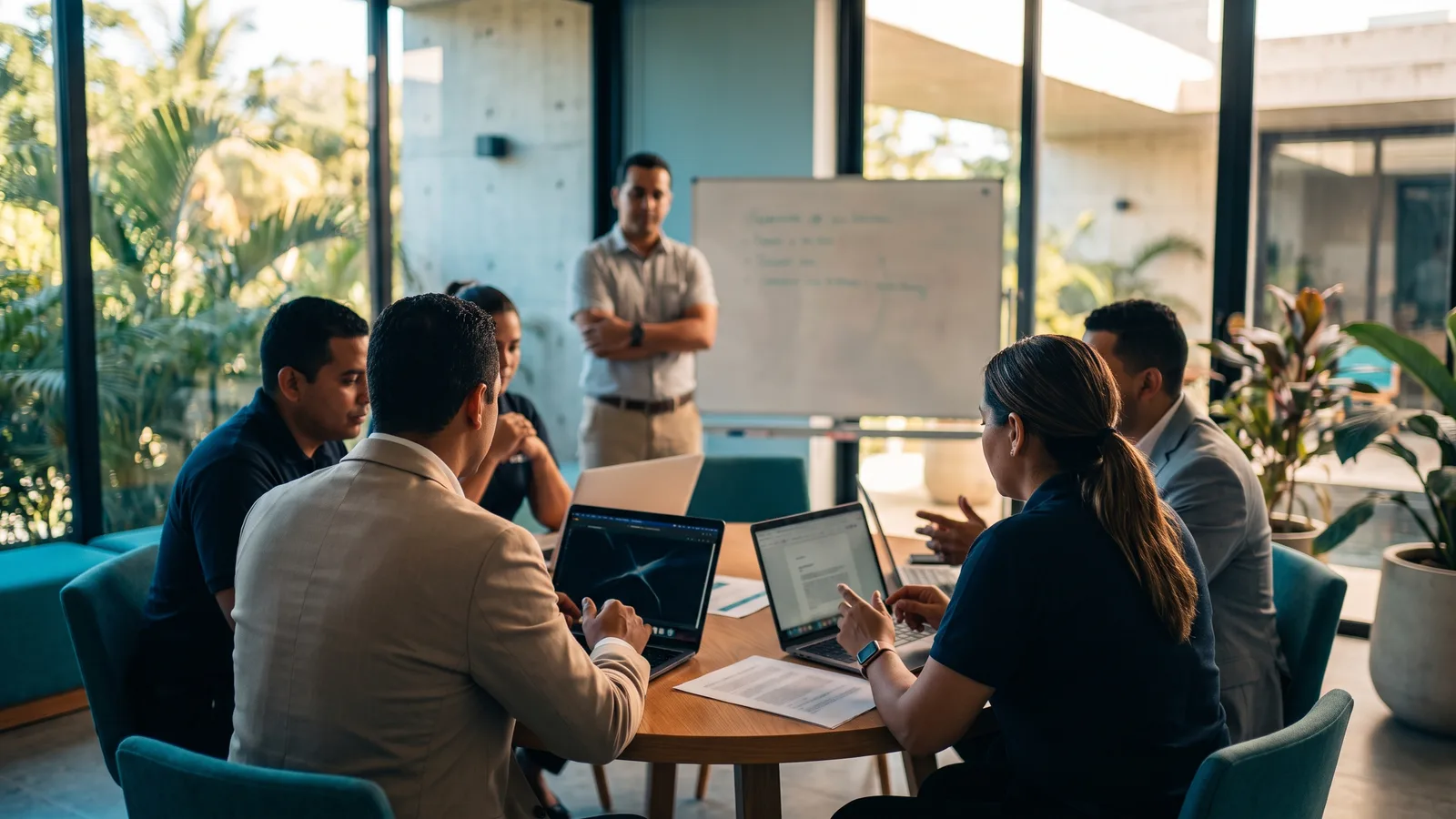 A small learning circle working a case, the facilitator standing back